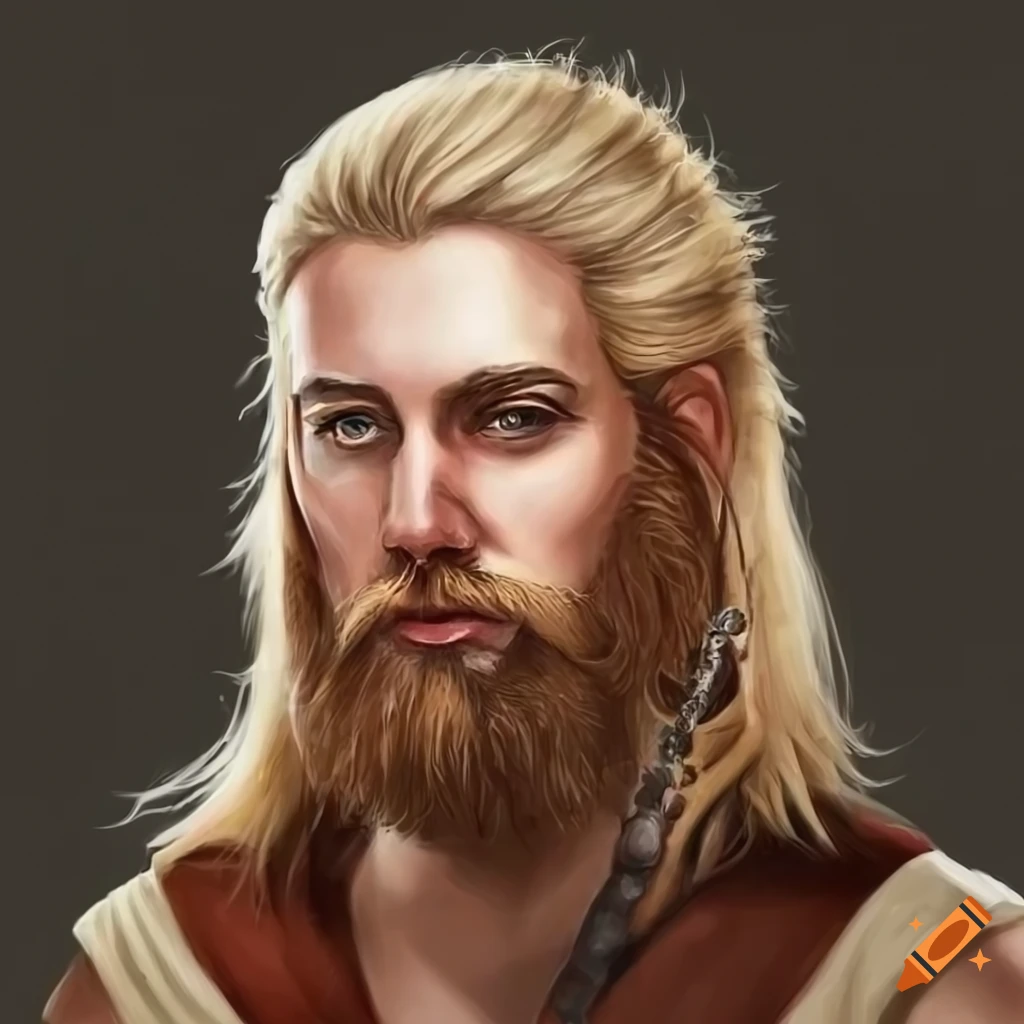 Portrait of an ancient frankish warrior with long blonde hair and a ...