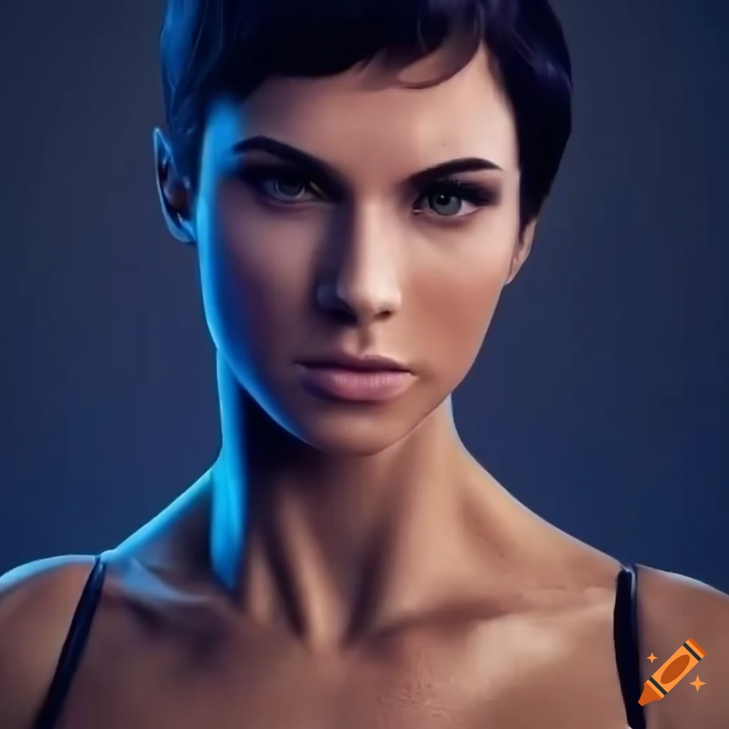 Athletic young woman with futuristic gym attire and short hair