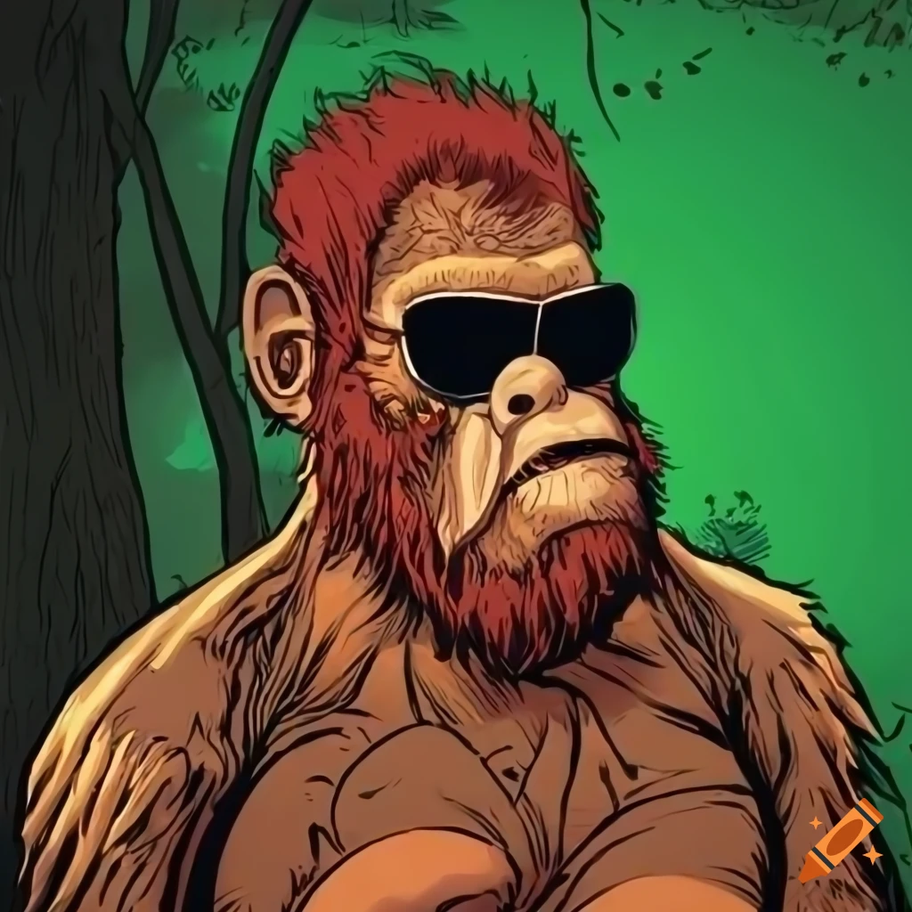Bigfoot in old comics style with aviator sunglasses in the woods