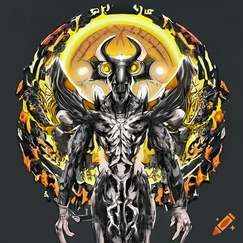 Neon orange and yellow demonic baphomet with wings and a beautiful male face in a fantasy setting