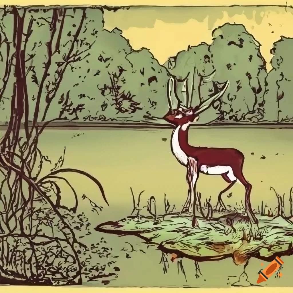 Vintage comic style: Deer in front of a spring pond surrounded by trees and bushes