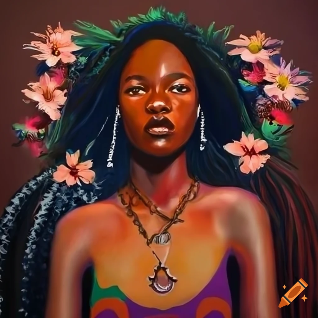 Painting of three women with flowers in their hair in afrofuturism style