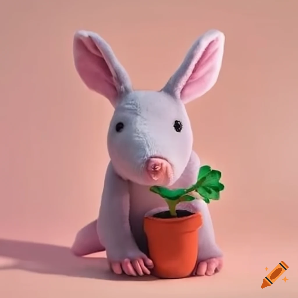Plush aardvark holding a potted plant