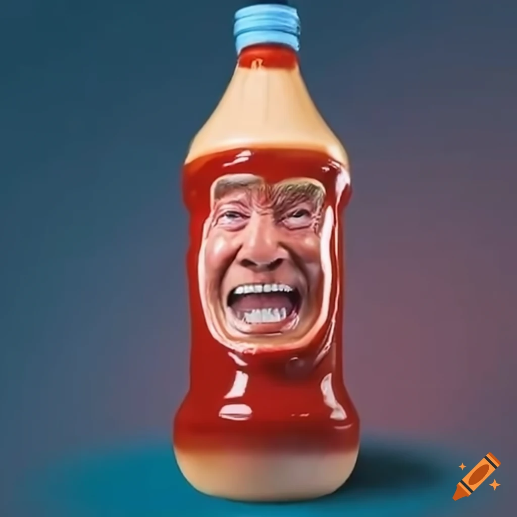 Satirical depiction of trump inside a giant ketchup bottle on Craiyon