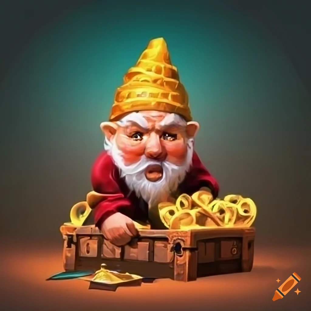 Childish dwarf next to a treasure chest in a whimsical scene on Craiyon