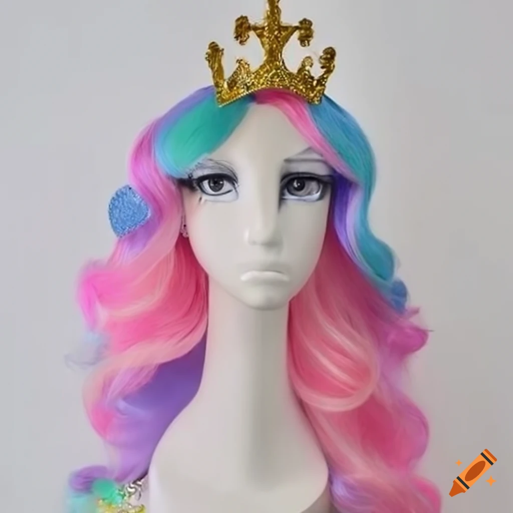 Princess Celestia wig on a mannequin with a crown