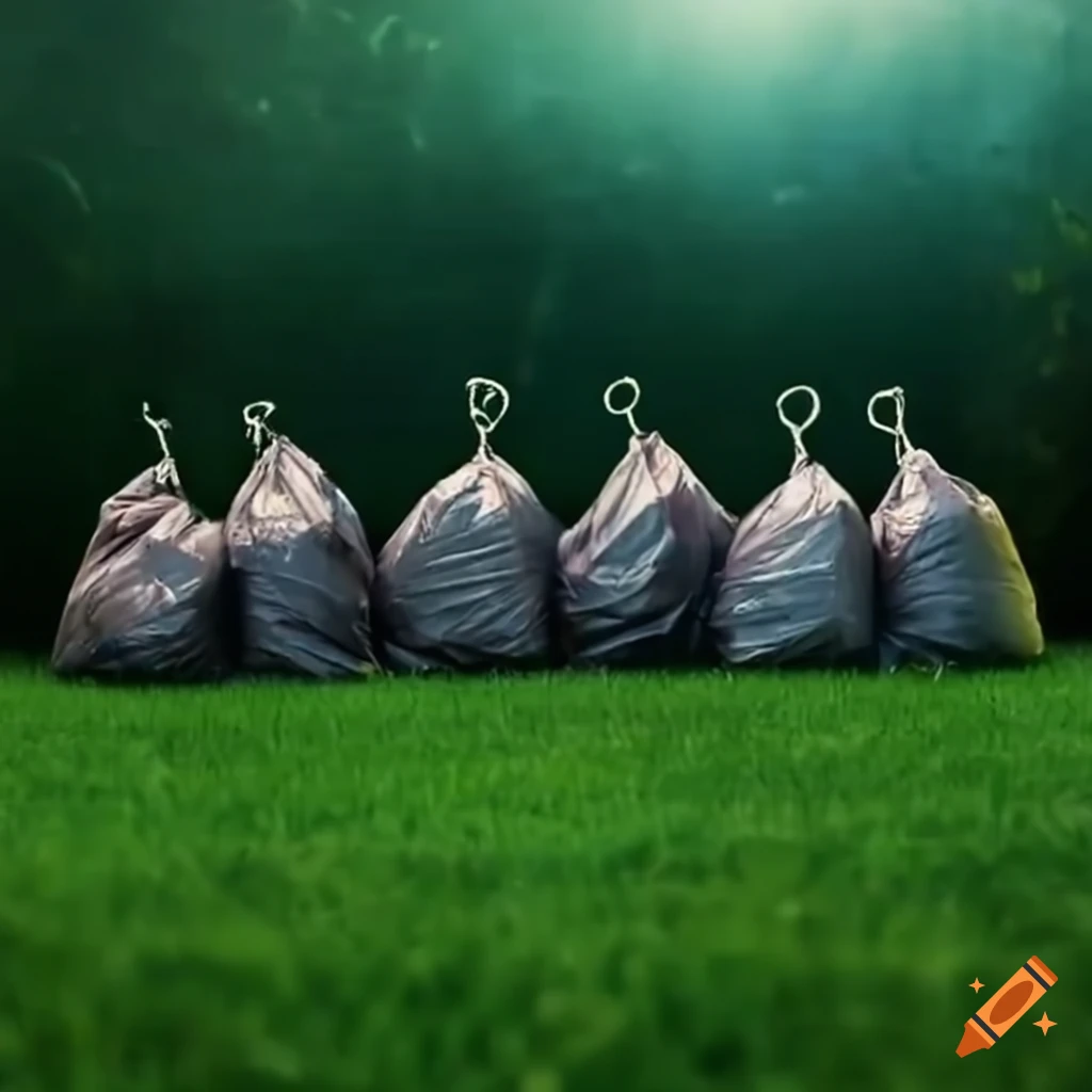 Row of trash bags on grass in a landscape setting on Craiyon