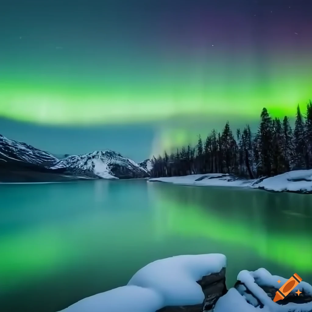 Crystal clear water, snow, and northern lights in a 4k landscape