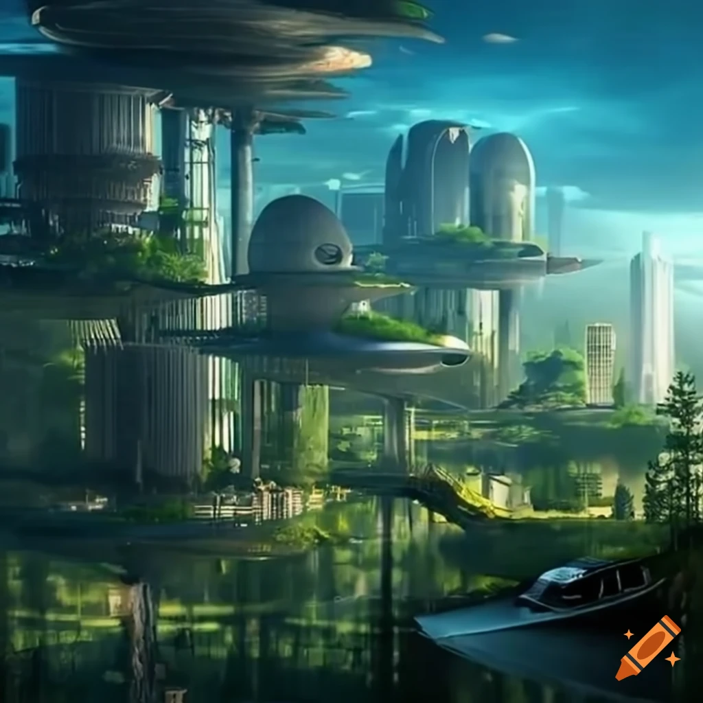 Magical futuristic forest city with flying cars and robotic life on Craiyon