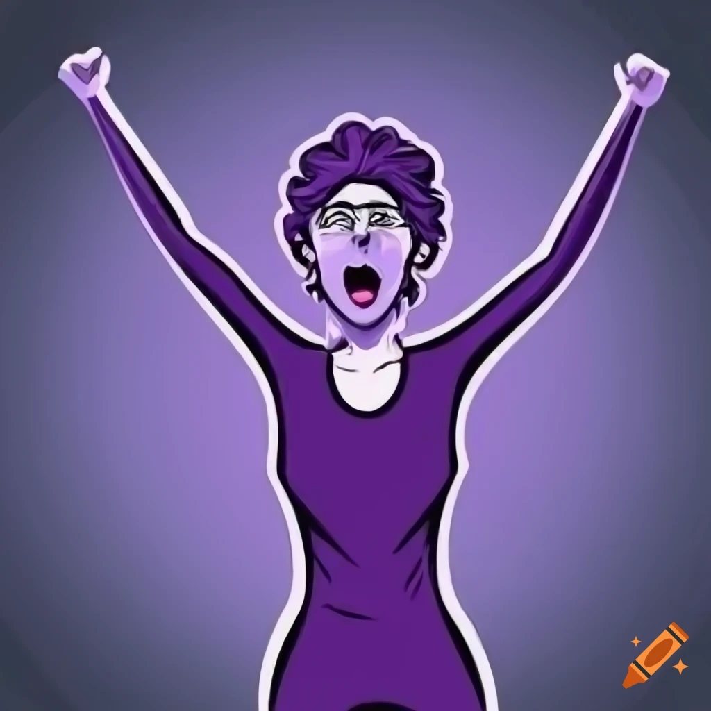 Triumphant emote of a purple woman celebrating victory