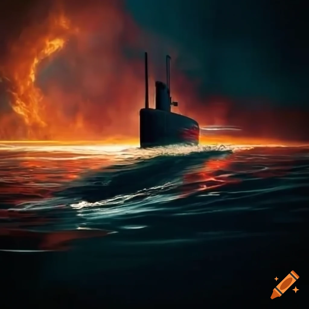 Submarine surfacing with airplanes and explosions in the background