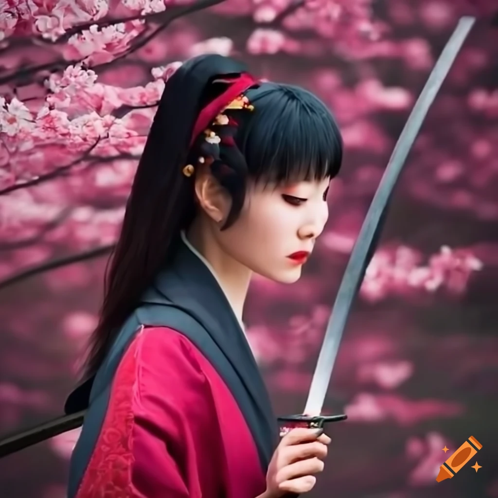 Beautiful Japanese woman with a katana in a cherry blossom garden