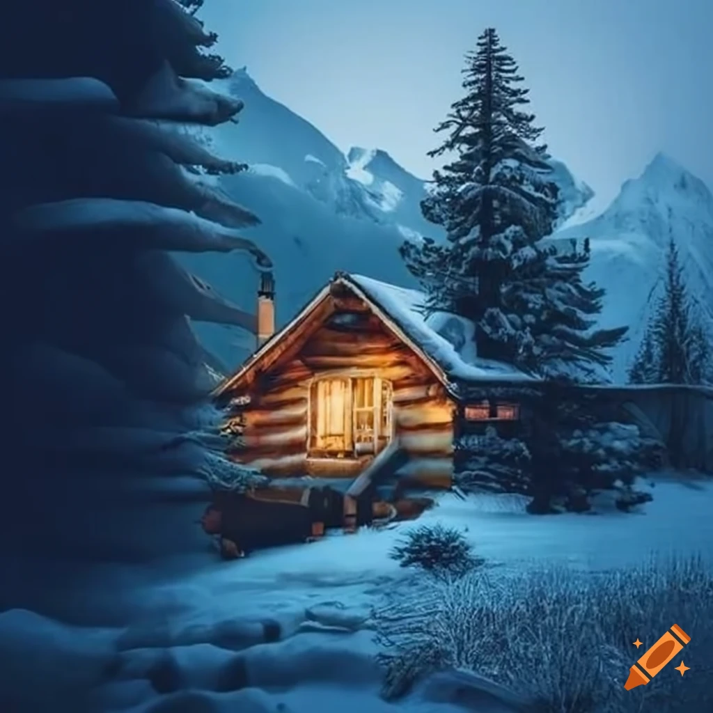 Serene log cabin nestled among snowy mountains and pine trees on Craiyon