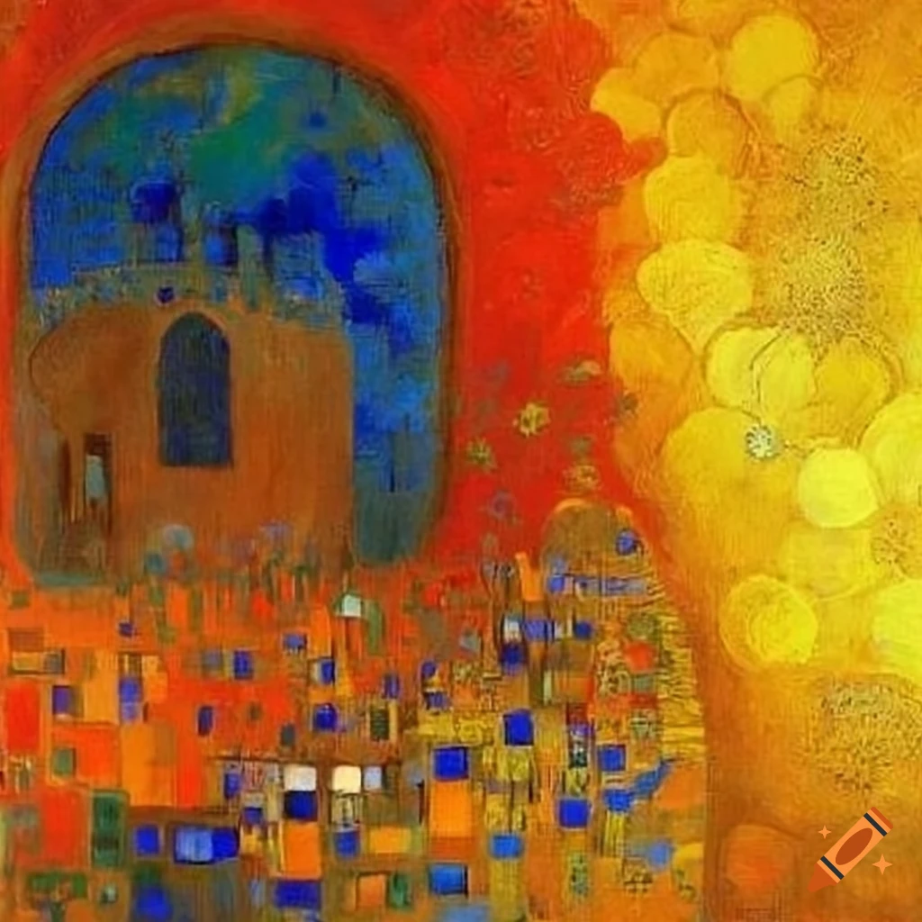 Abstract artwork featuring squares in blue with elements of old towers and poppies