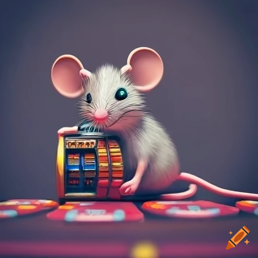 Playful mouse at a vintage casino slot machine on Craiyon