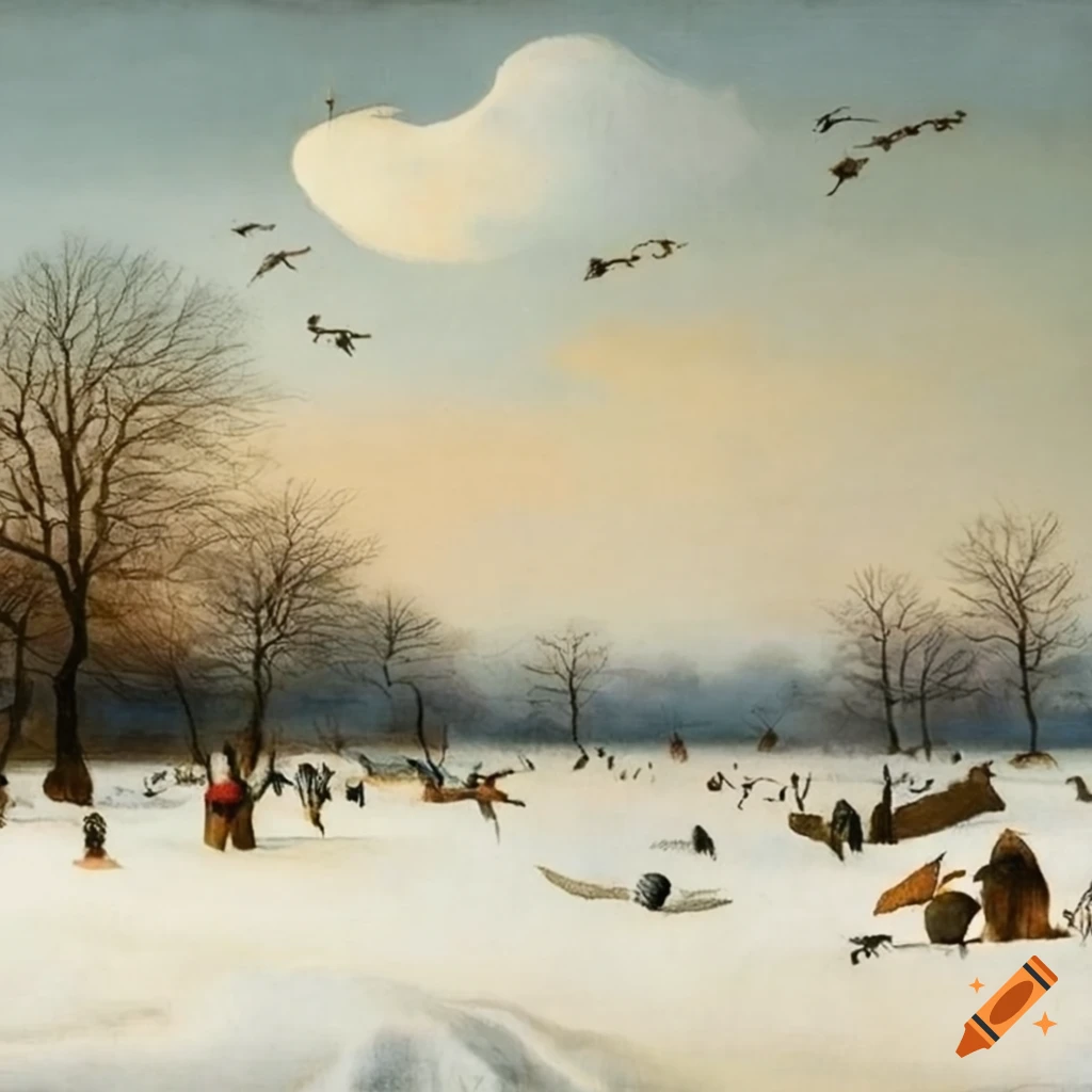 Winter landscape with flying geese and bare trees on Craiyon