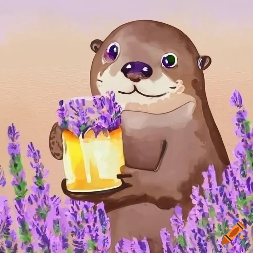 Otter in a lavender field with a pint of beer and a thesis manuscript