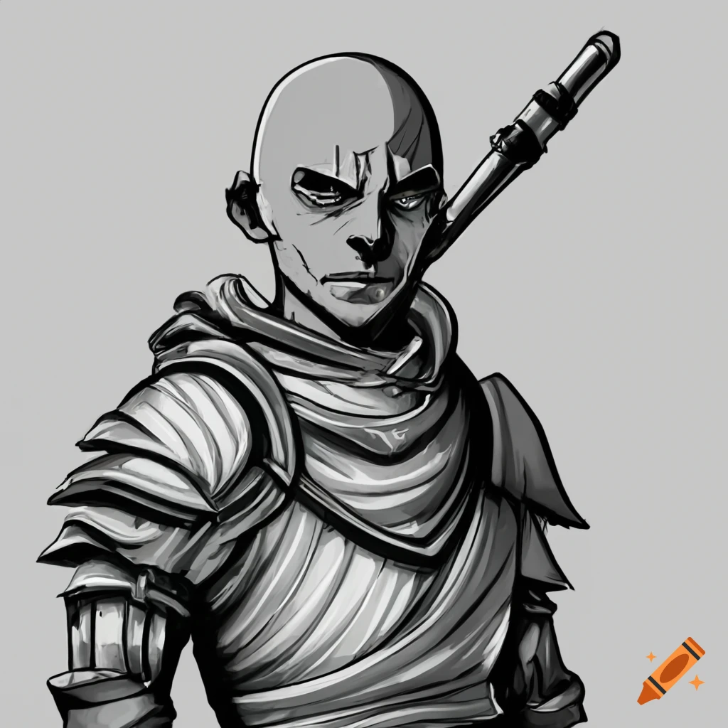 Bald male sviflneblin cleric character in leather armor wielding a mace