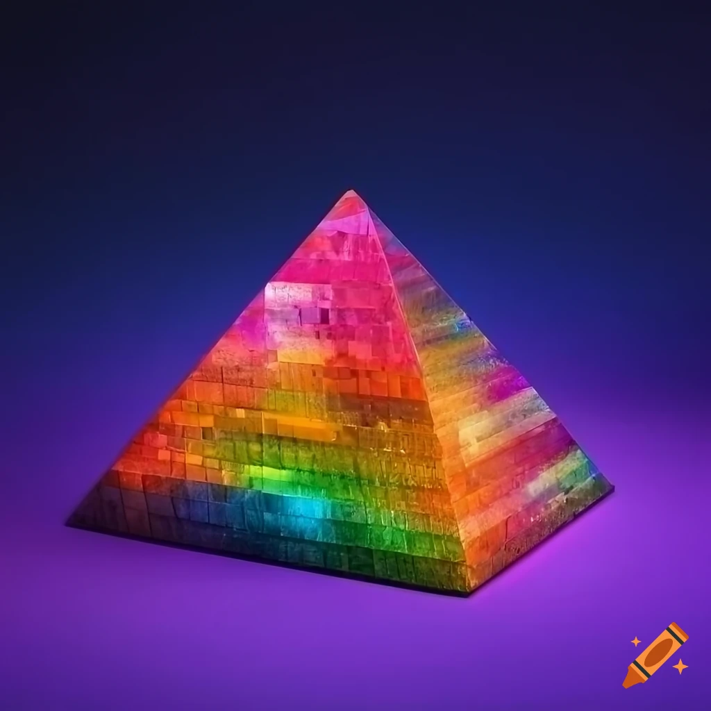 Fractal pyramid made of rainbow laser crystals with outer space gemstones backdrop