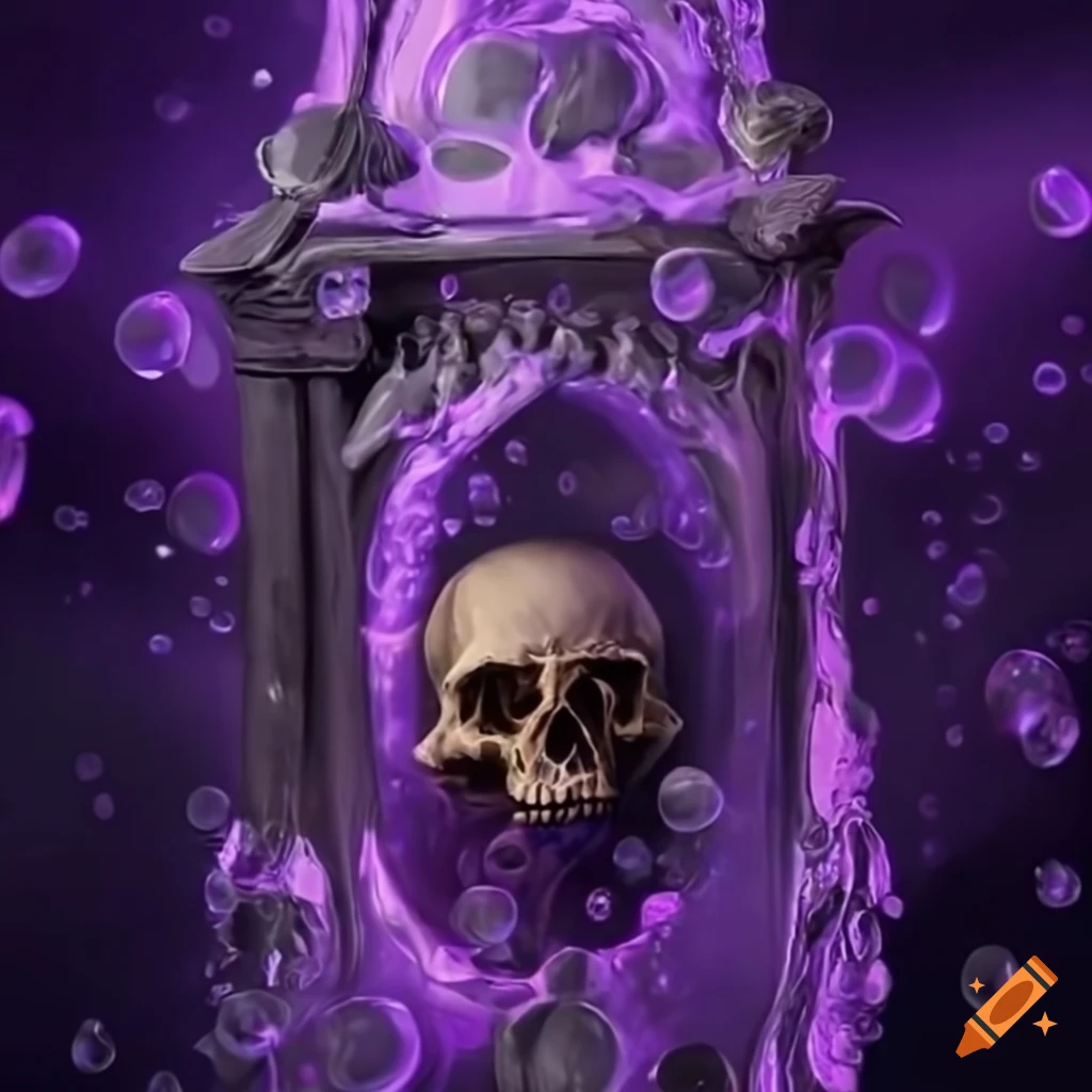 Closeup of hades's vial of evil purple poison with skulls as bubbles