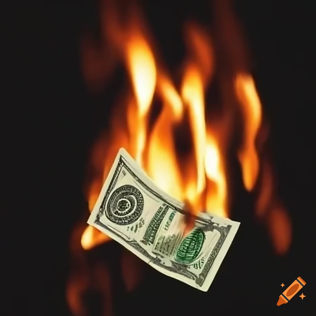 Flying dollar bills over burning flames