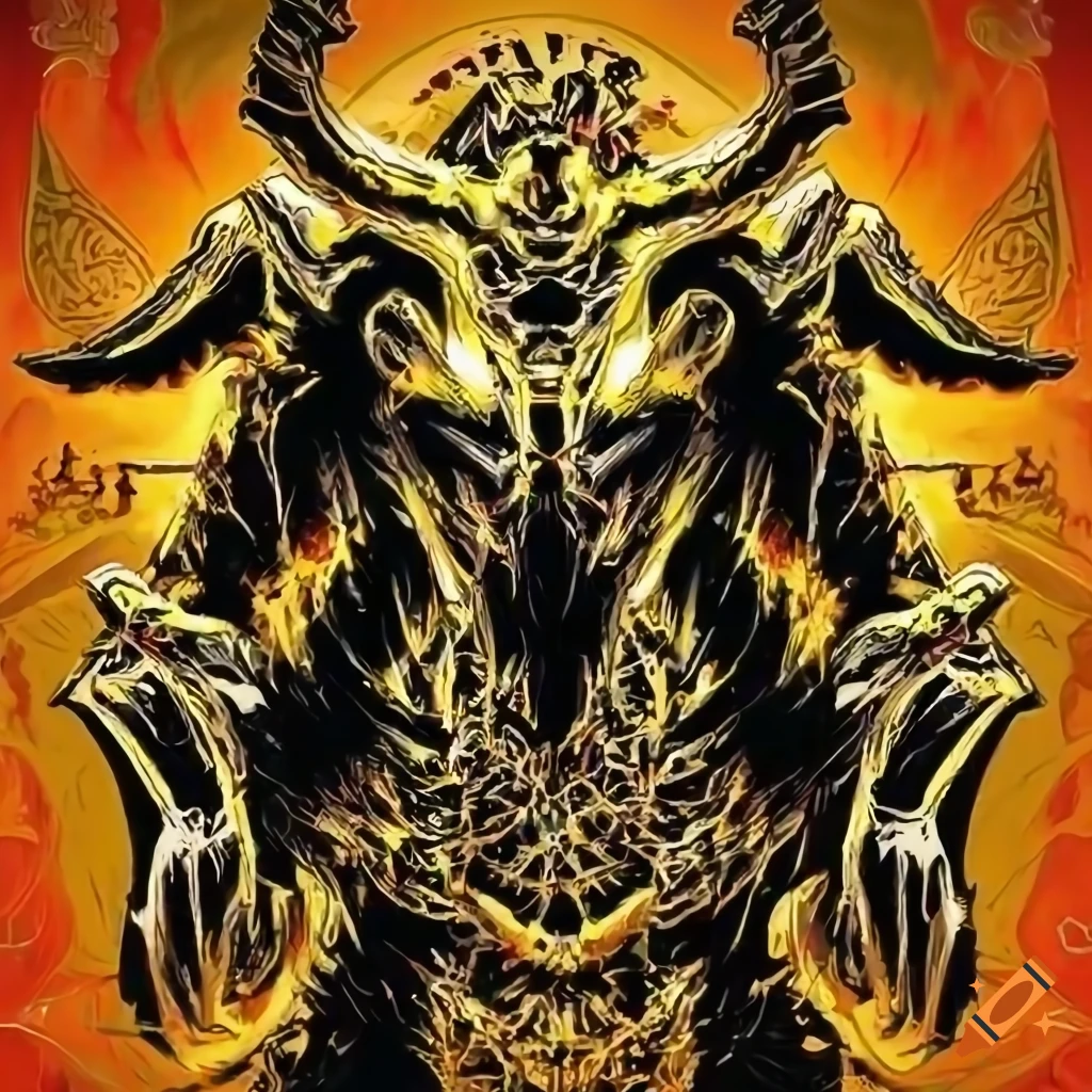 Neon orange and yellow demonic baphomet with wings and a beautiful male face in a fantasy setting