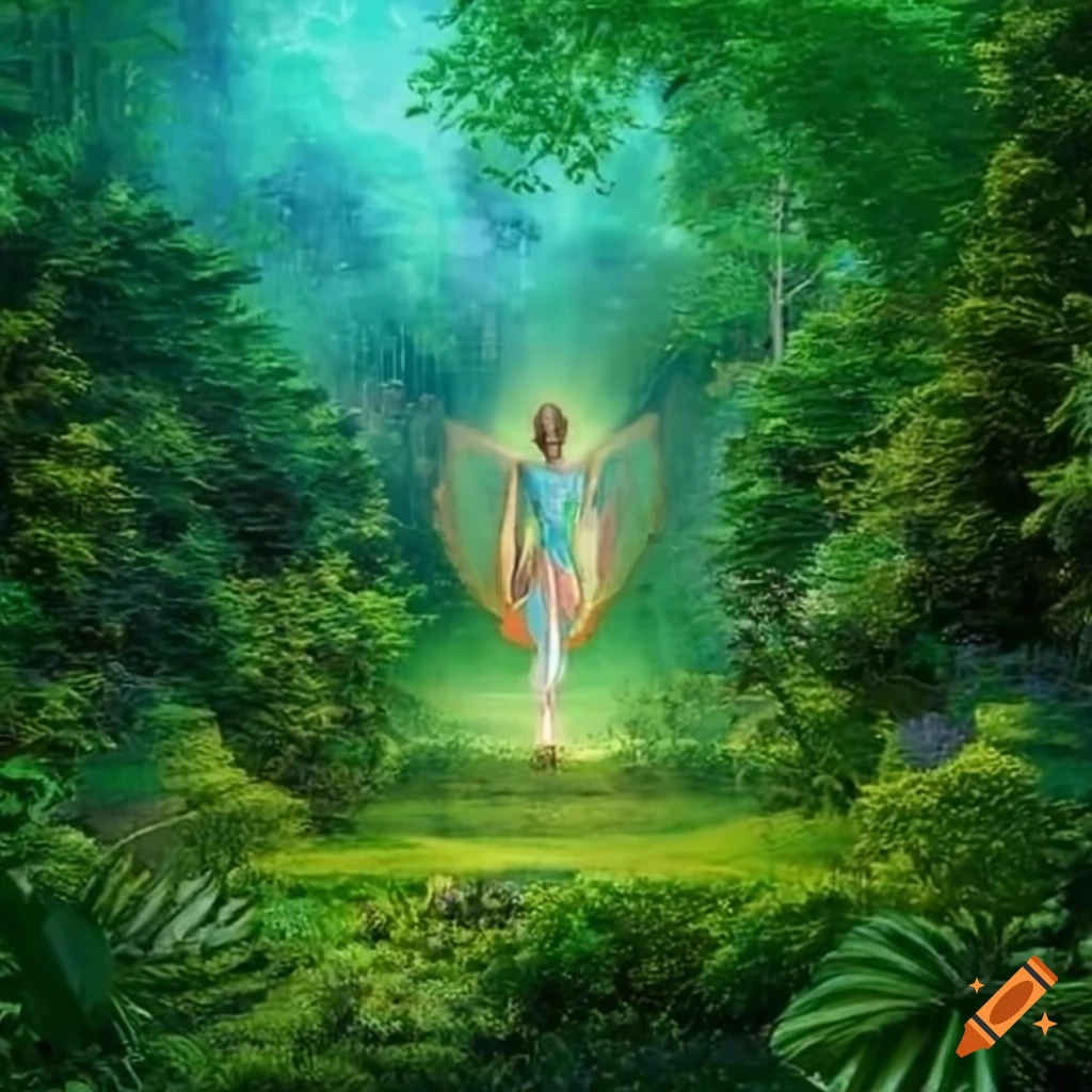 Mystical scene of archangel raphael in an emerald green garden with