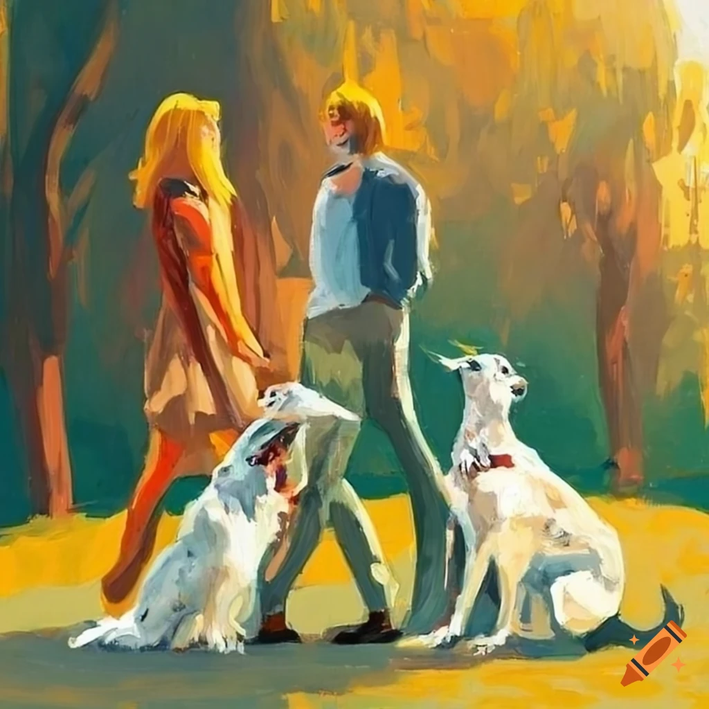 Yellow-haired woman and dark-haired man walking with their two borzoi dogs in an urban park