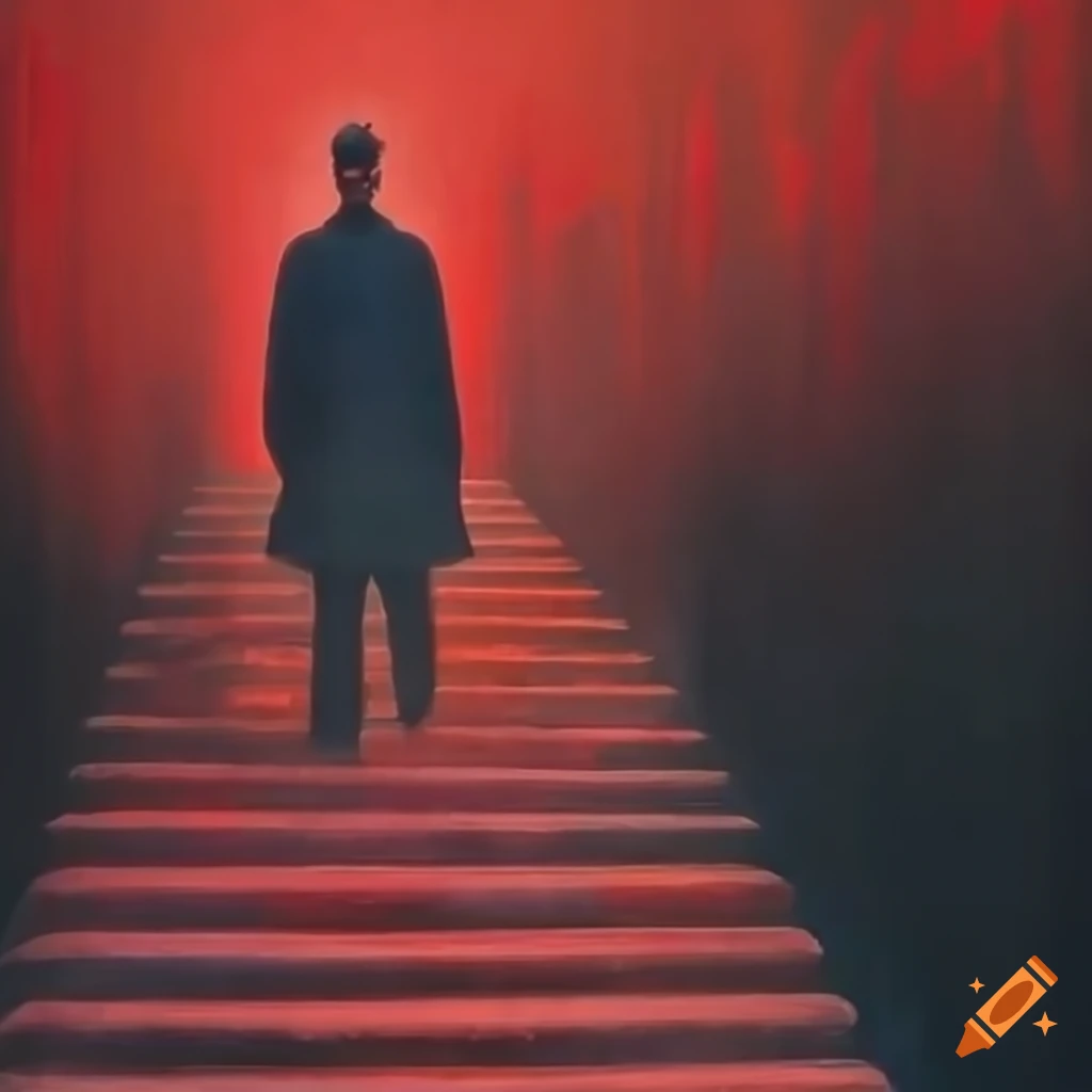 Man walking up misty red stairs in a surreal setting
