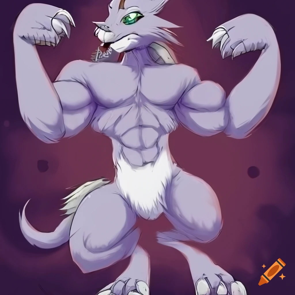 Gatomon depicted with large muscles and furry anthro art