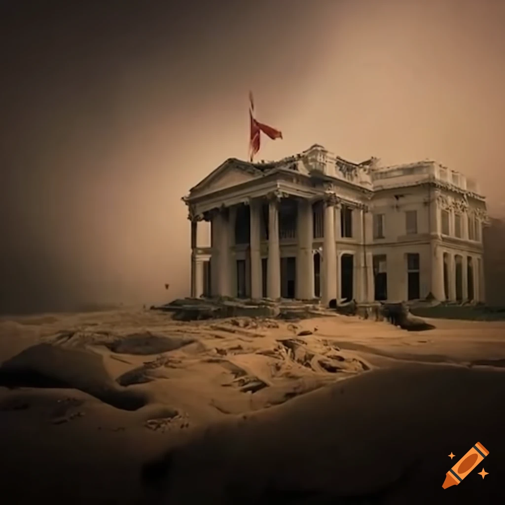 Postapocalyptic ruins of the white house buried under sand during a
