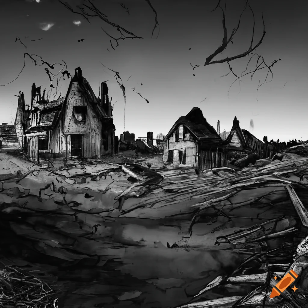 Remains of a small town in a burnt wasteland in greyscale