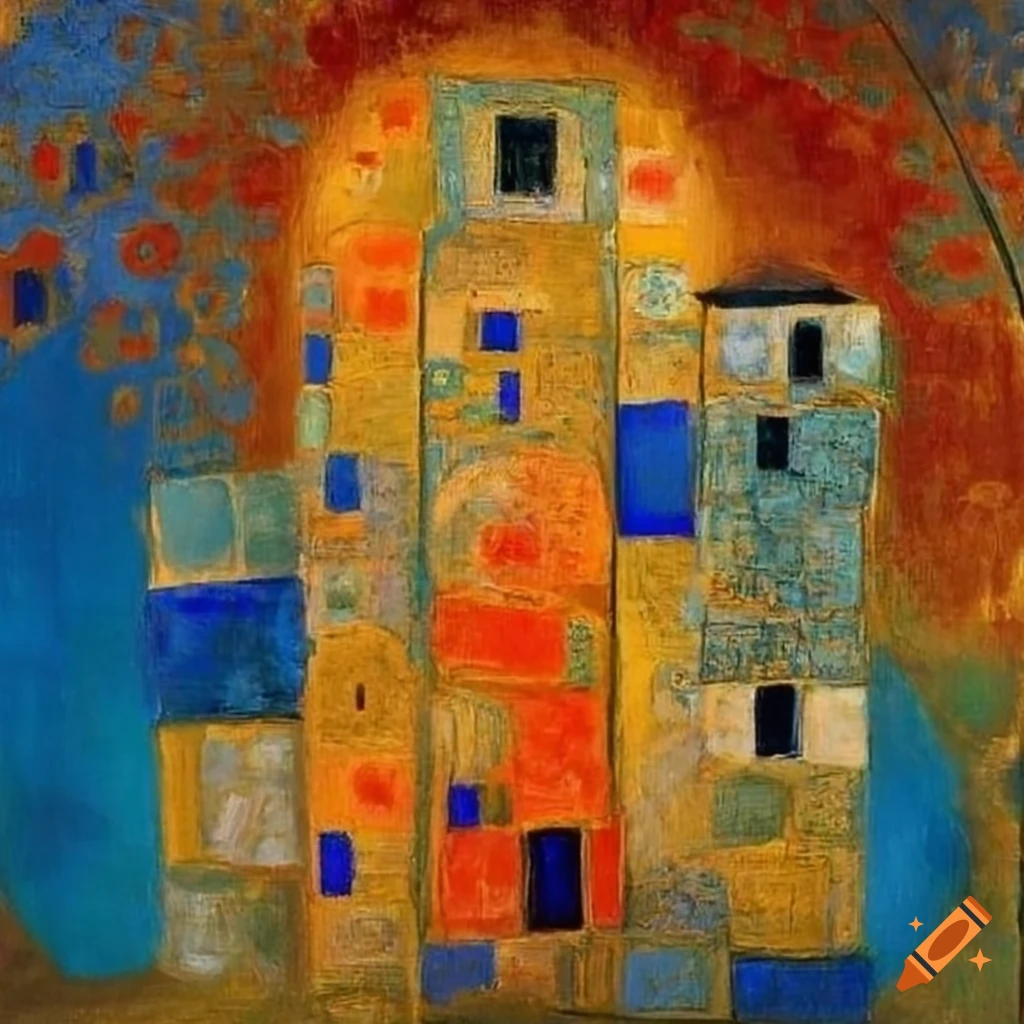 Abstract artwork featuring squares in blue with elements of old towers and poppies