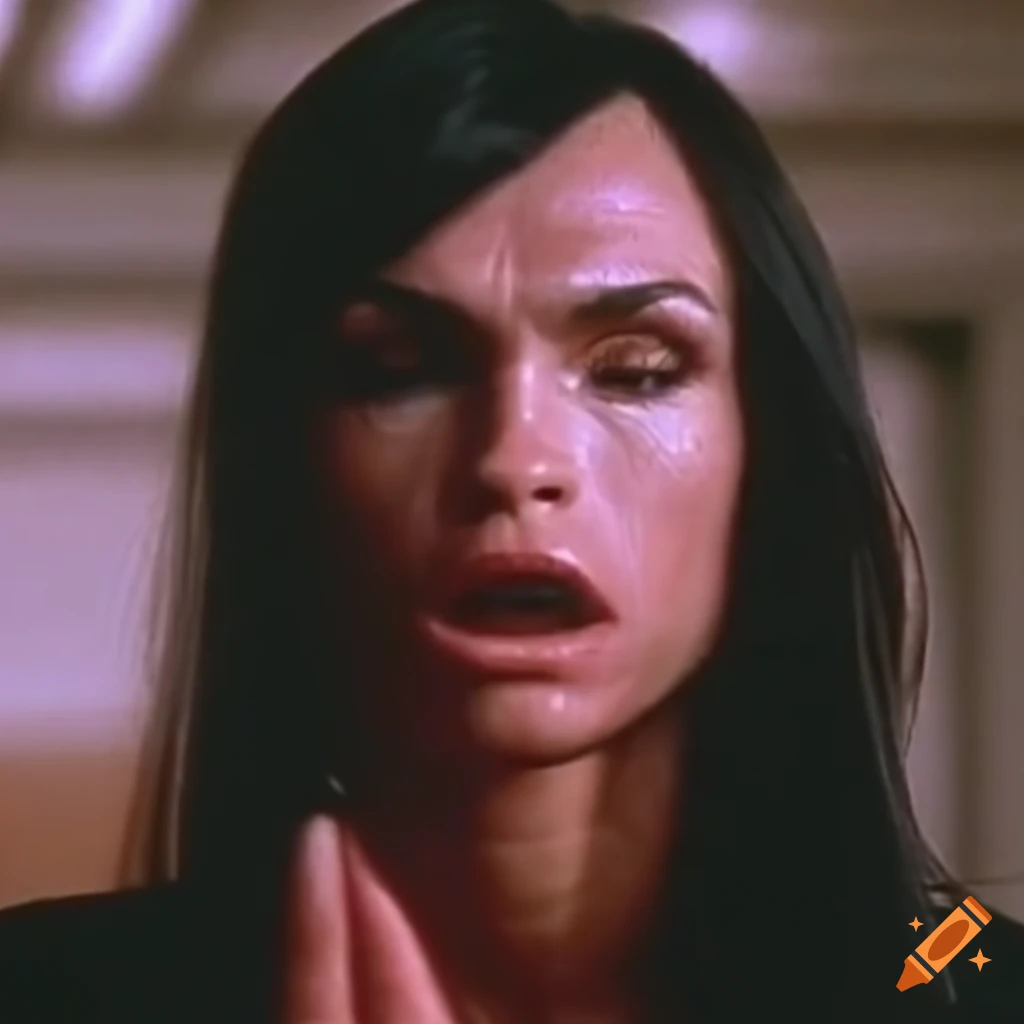 Bruised woman martial fighter from a 90s movie, dizzy spinning and gazing into the camera