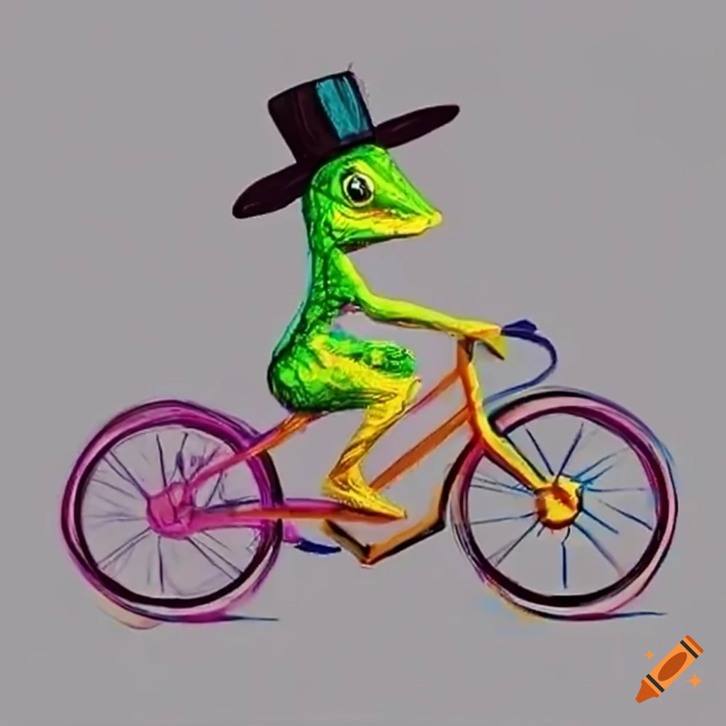 Yellow lizard with black hat riding bike