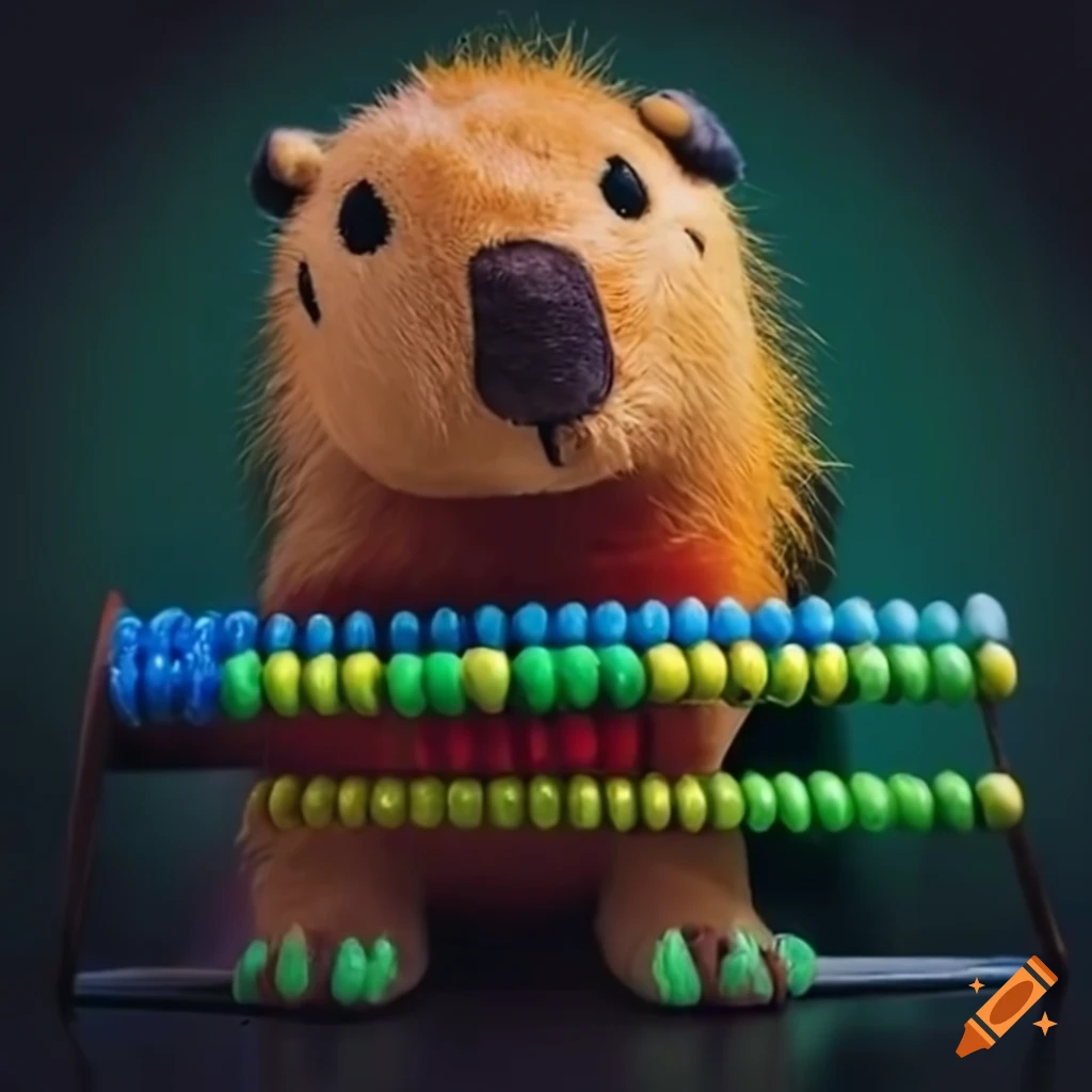 Close-up of a plush capybara behind an abacus