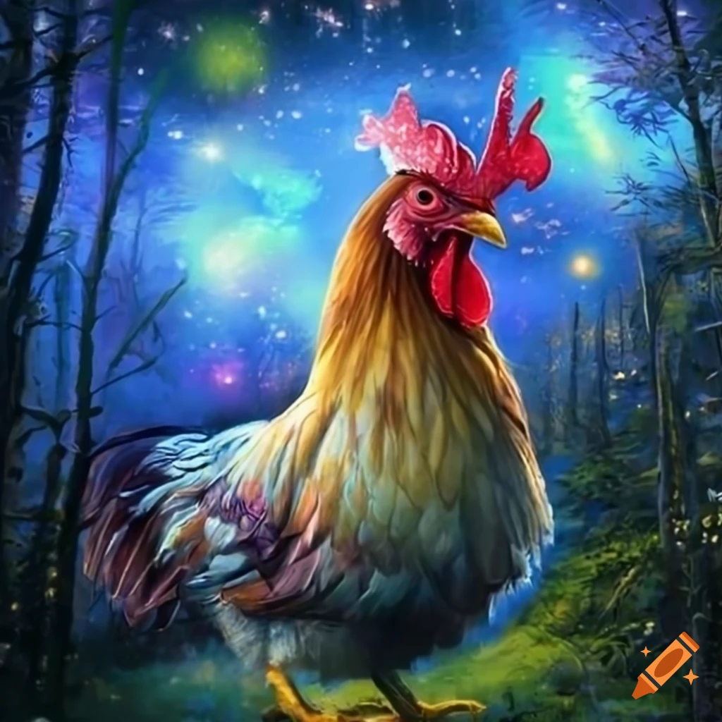 Chicken with glowing eyes and wizard hat in a mystical forest under a ...