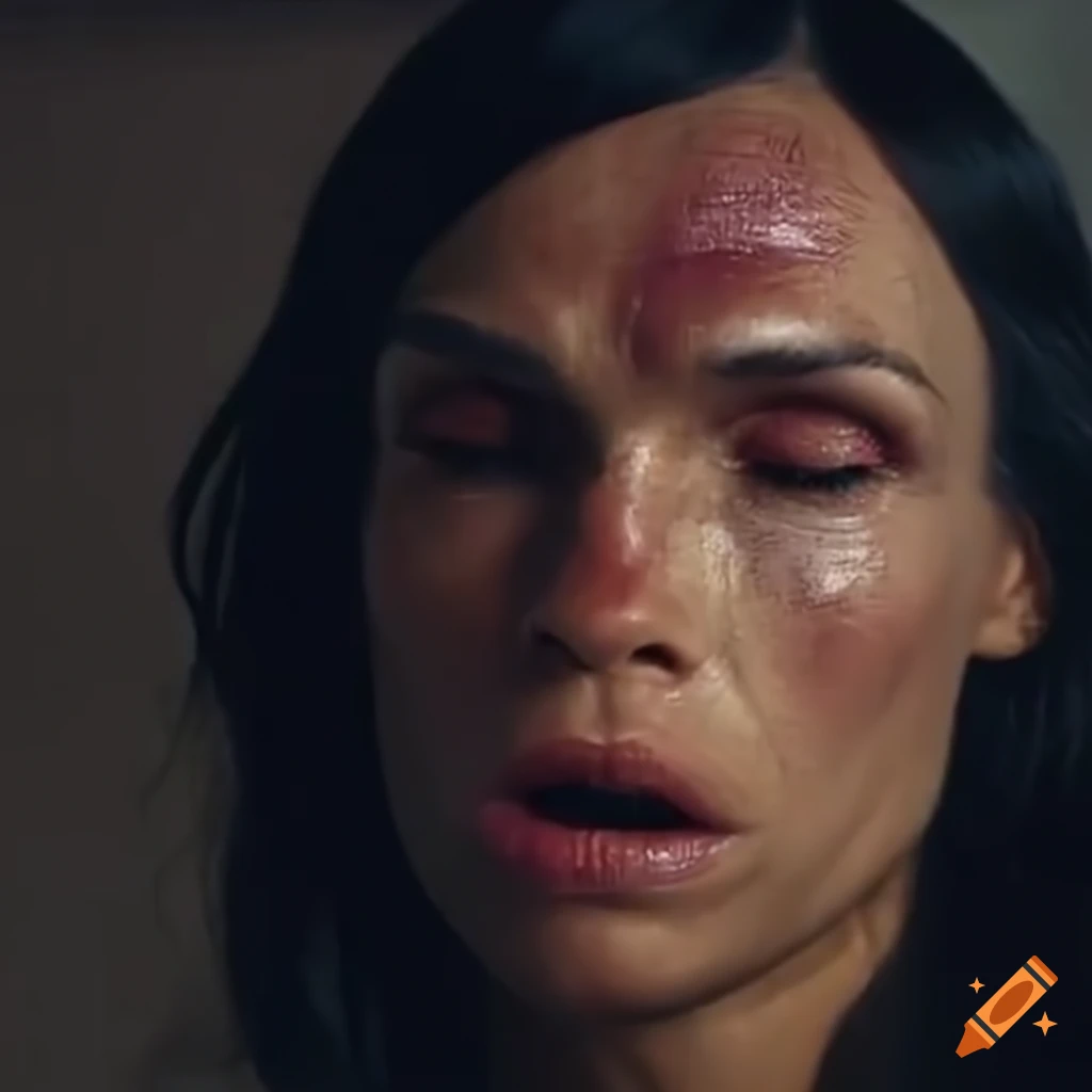 Bruised woman fighter with closed eyes and raised eyebrows in a movie fight scene