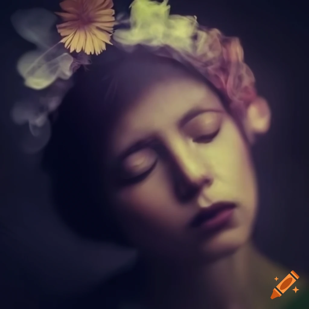 Portrait of a woman with closed eyes in a misty floral hat on Craiyon