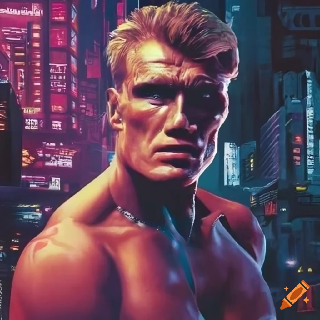 Dolph Lundgren in 1980's cyberpunk movie poster