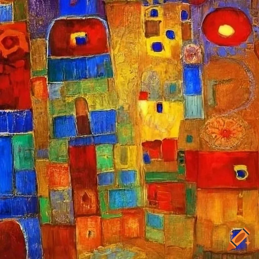 Abstract squares in blue with elements of Victor Nizovtsev and Klimt, graphic representation of Odilon Redon poppies in yellow and orange