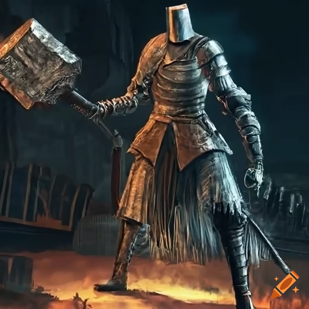 Dark souls knight wielding a large metal hammer on Craiyon