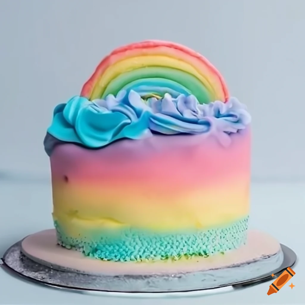Rainbow themed cake with cotton candy clouds on Craiyon
