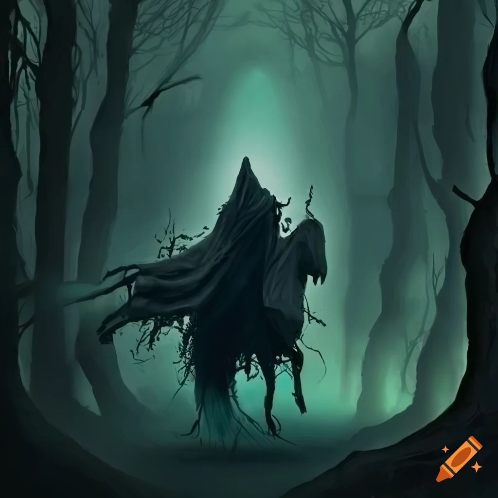 Menacing Nazgul riding a spectral steed through a dark and foreboding forest under the moonlight