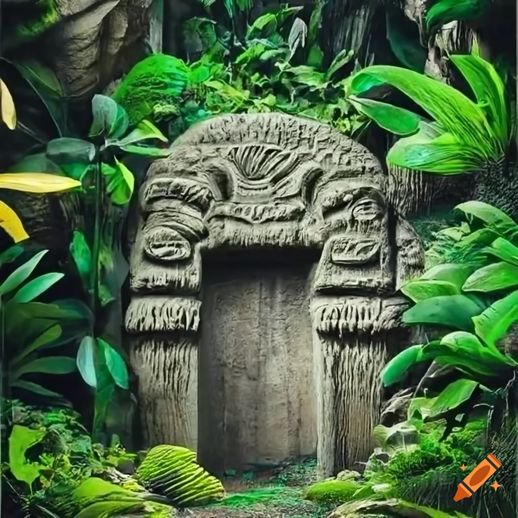 Stone slabs with Inca carvings closing a cave in a cliff located in the jungle. The door is partially blocked in cooled lava. Pulp style