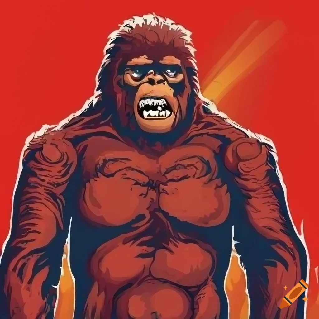Old comics style depiction of Bigfoot in the woods with red background