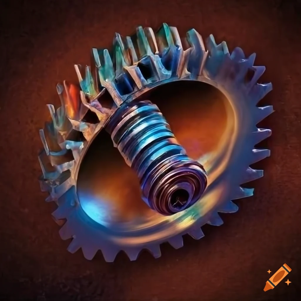 Highly realistic top view of multicolor transmission gear cogs meshed together