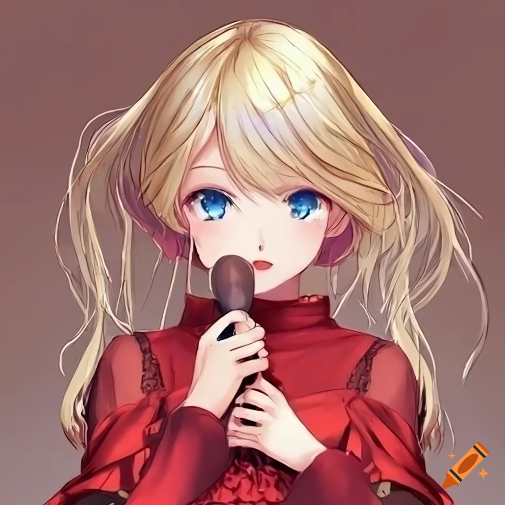 Anime girl with blonde hair, blue eyes, and red dress