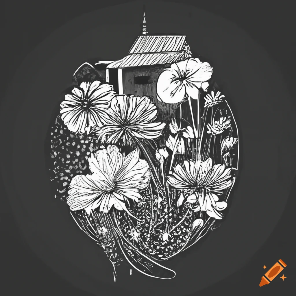 Old fashioned wildflowers and farmhouse in black and white line art