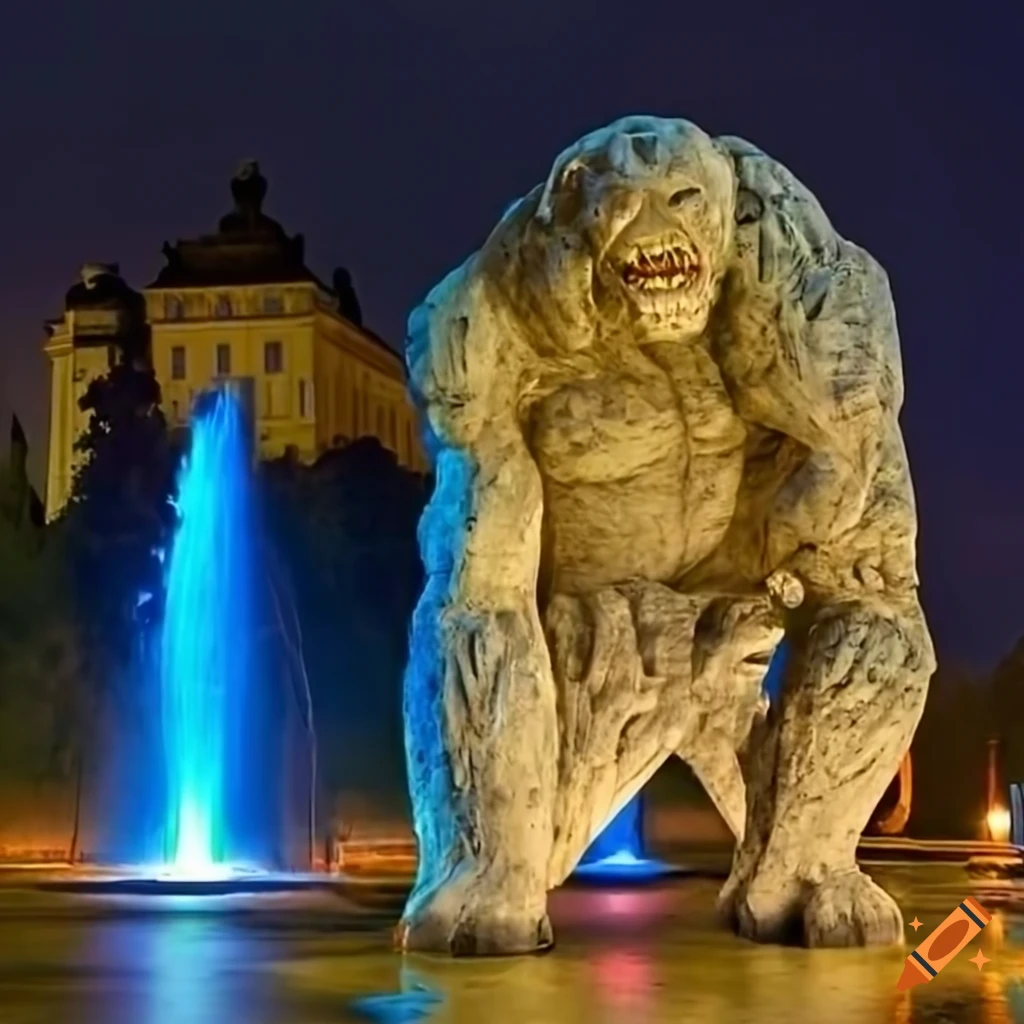 Giant stone golem in Marianske Lazne near fountain colonnade at night